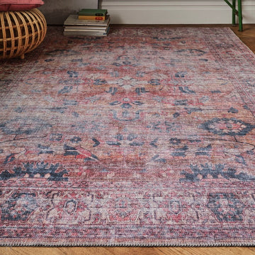 Washable Kaya Sima KY06 Traditional Persian Vintage Distressed Floral Durable Chenille Polyester Flatweave Red/Blue/Pink/Grey/Yellow/Multicolour Rug 120 x 170 cm-Shop Returns-Rug Love - The Most Loved Rug Store